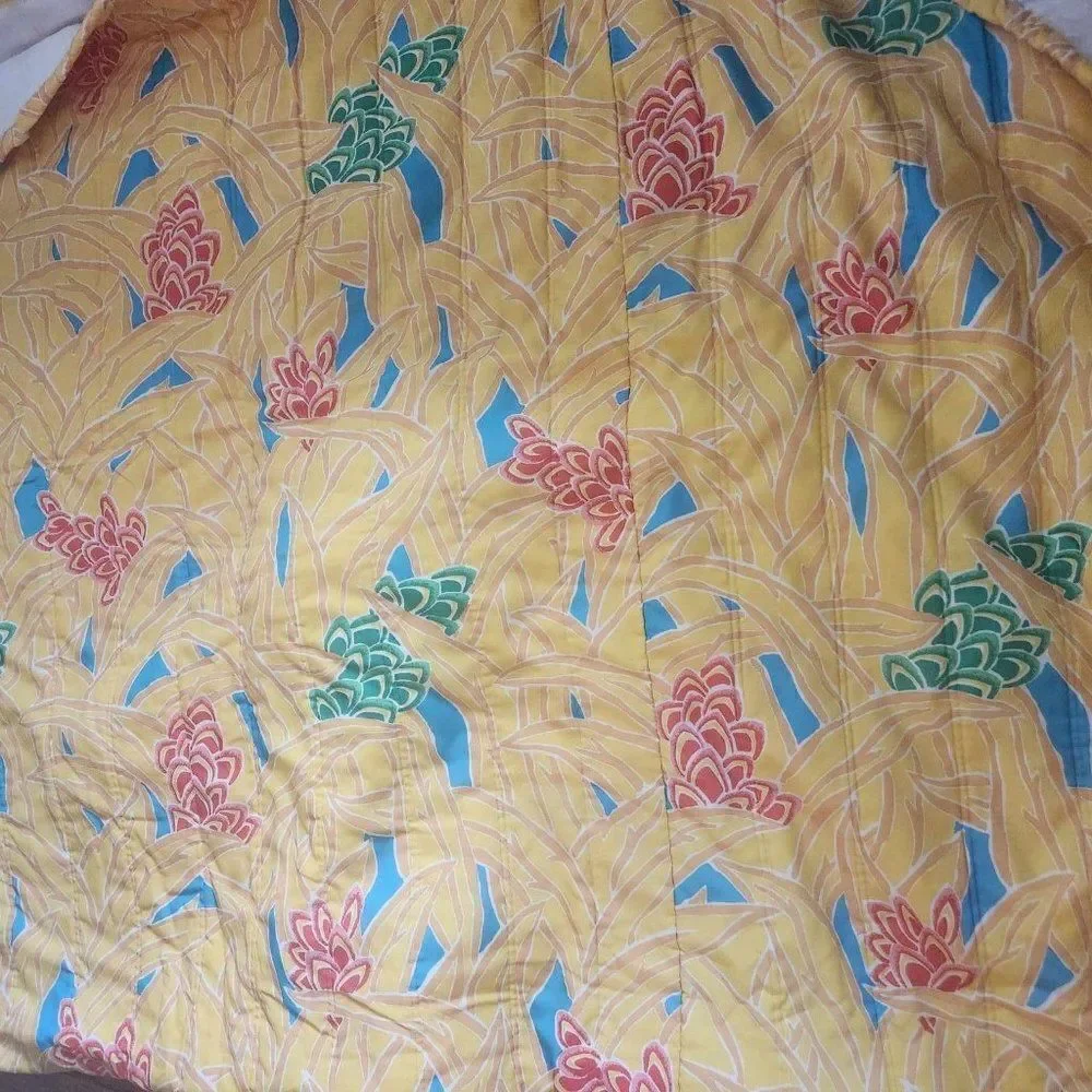 Vintage 80s Bedspread Queen Size Yellow Quilted Polyester Hawaiian Floral